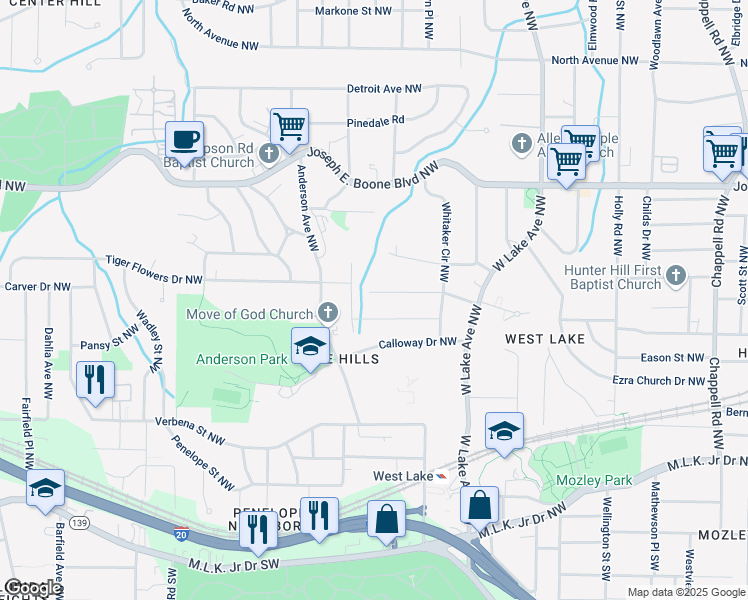 map of restaurants, bars, coffee shops, grocery stores, and more near 1866 Tiger Flowers Drive Northwest in Atlanta