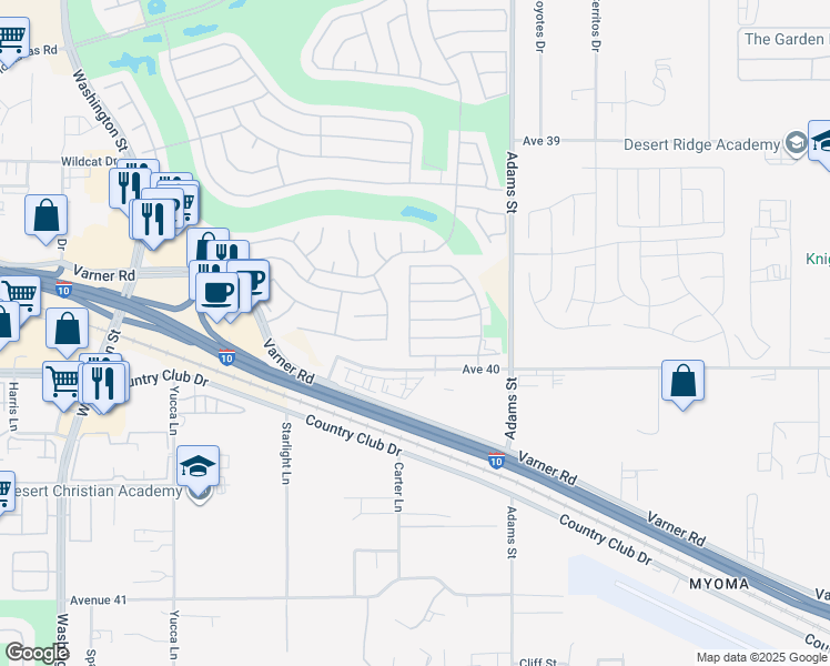 map of restaurants, bars, coffee shops, grocery stores, and more near 78760 Amare Way in Palm Desert