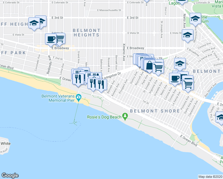map of restaurants, bars, coffee shops, grocery stores, and more near 52 Bennett Avenue in Long Beach