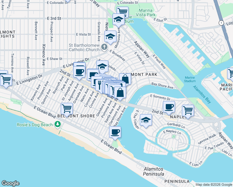map of restaurants, bars, coffee shops, grocery stores, and more near 5353 2nd Street in Long Beach