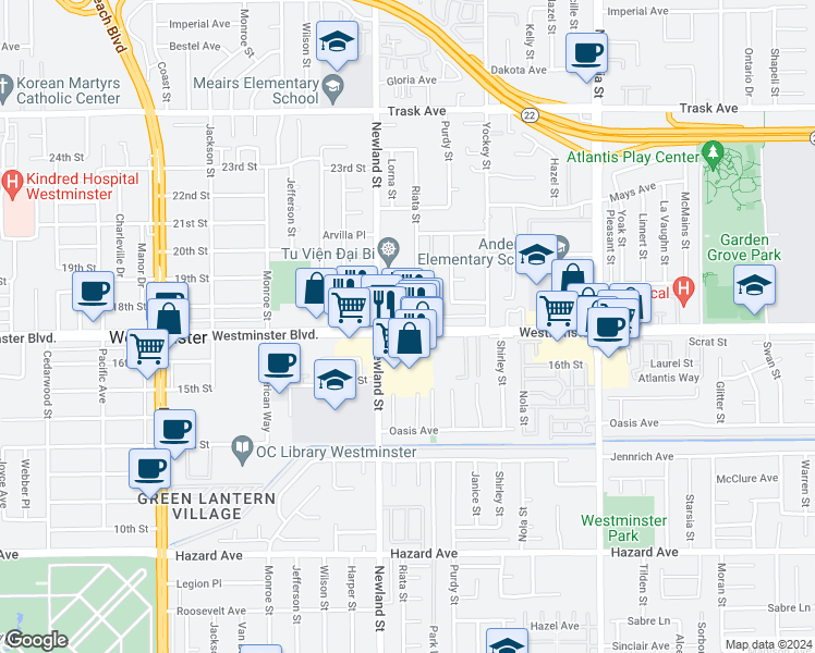 map of restaurants, bars, coffee shops, grocery stores, and more near 8547 Westminster Avenue in Garden Grove