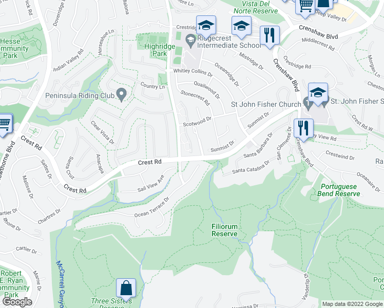 map of restaurants, bars, coffee shops, grocery stores, and more near 57 Seaview Drive North in Rolling Hills Estates
