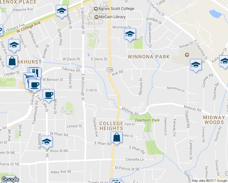 map of restaurants, bars, coffee shops, grocery stores, and more near 801 South Candler Street in Decatur