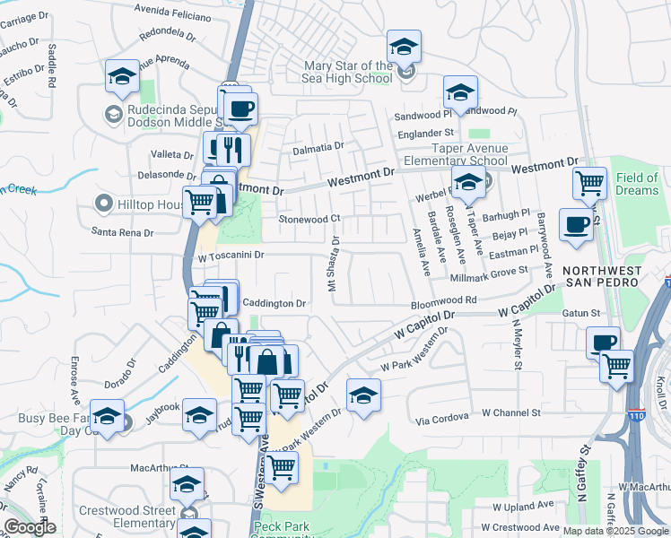 map of restaurants, bars, coffee shops, grocery stores, and more near 28630 Mount Shasta Drive in Rancho Palos Verdes