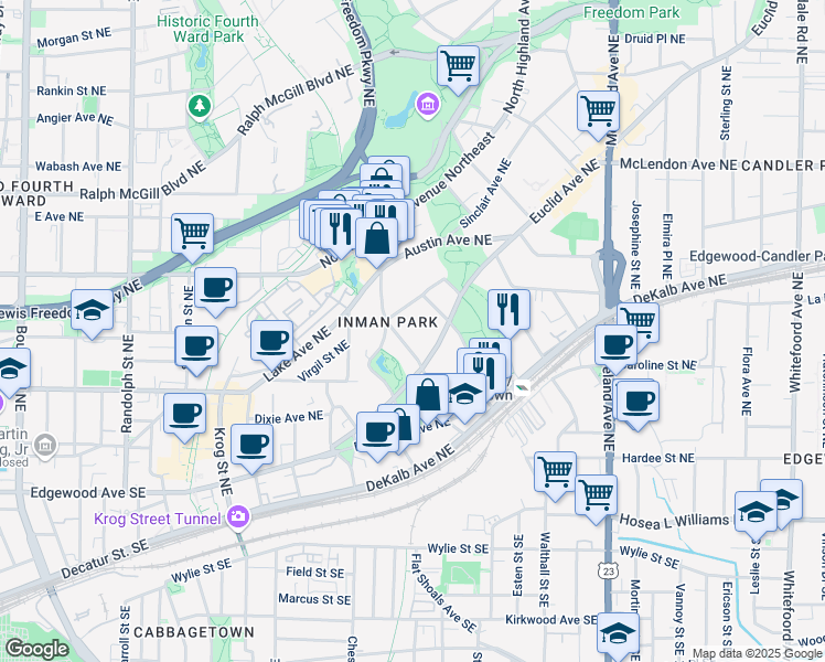 map of restaurants, bars, coffee shops, grocery stores, and more near 185 Elizabeth Street Northeast in Atlanta