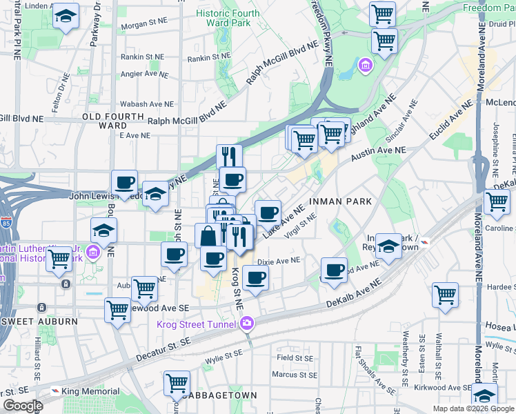 map of restaurants, bars, coffee shops, grocery stores, and more near 210 Inman Lane in Atlanta