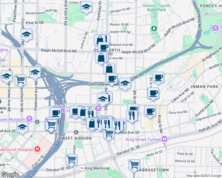 map of restaurants, bars, coffee shops, grocery stores, and more near 170 Boulevard Northeast in Atlanta