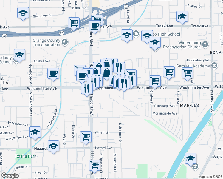 map of restaurants, bars, coffee shops, grocery stores, and more near 1518 North Bewley Street in Santa Ana