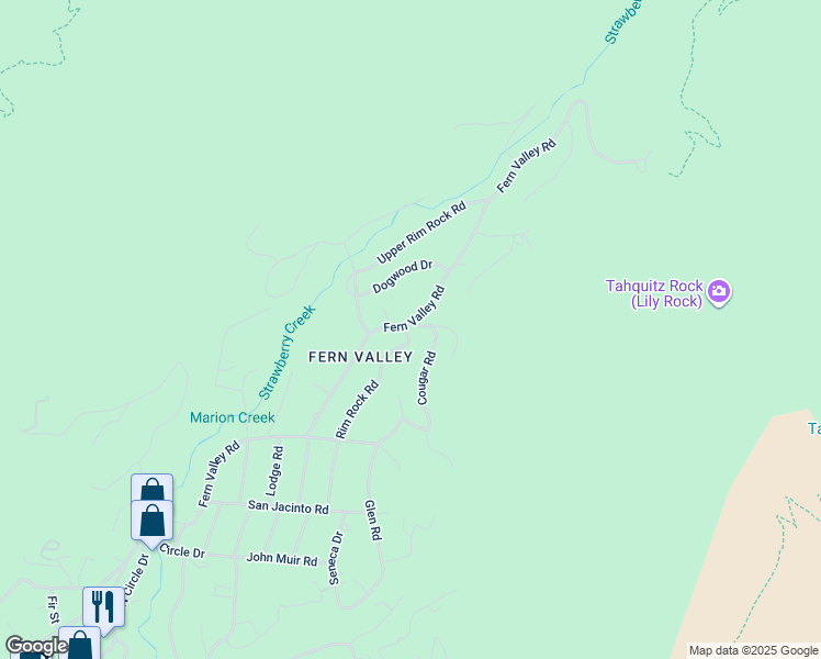 map of restaurants, bars, coffee shops, grocery stores, and more near 24918 Fern Valley Road in Idyllwild-Pine Cove