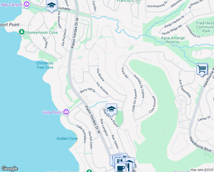 map of restaurants, bars, coffee shops, grocery stores, and more near 30211 Vía Rivera in Rancho Palos Verdes