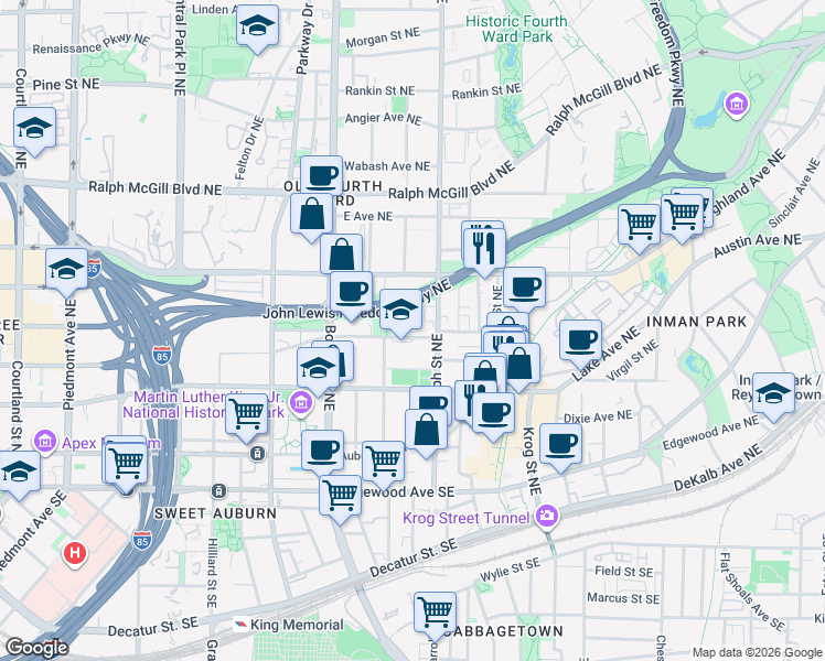 map of restaurants, bars, coffee shops, grocery stores, and more near 551 John Wesley Dobbs Avenue Northeast in Atlanta