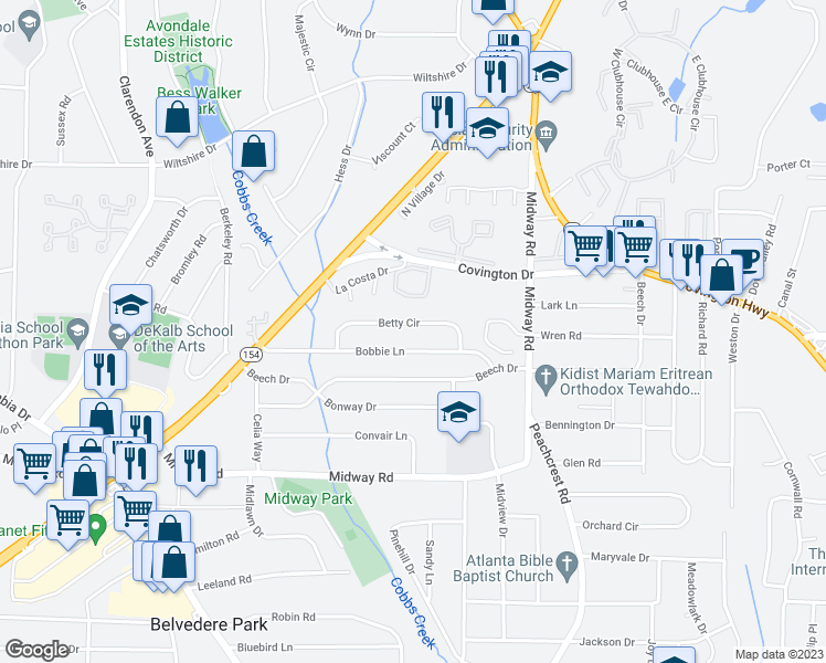map of restaurants, bars, coffee shops, grocery stores, and more near 3267 Betty Circle in Decatur