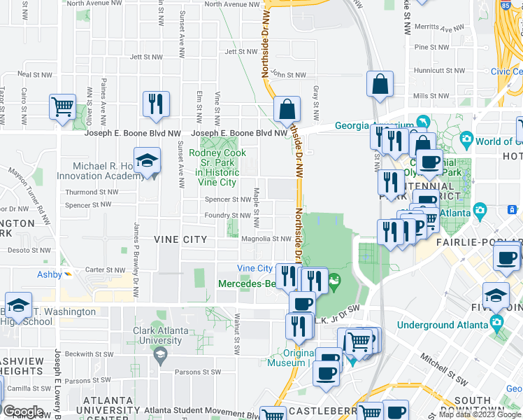 map of restaurants, bars, coffee shops, grocery stores, and more near 179 Maple Street Northwest in Atlanta