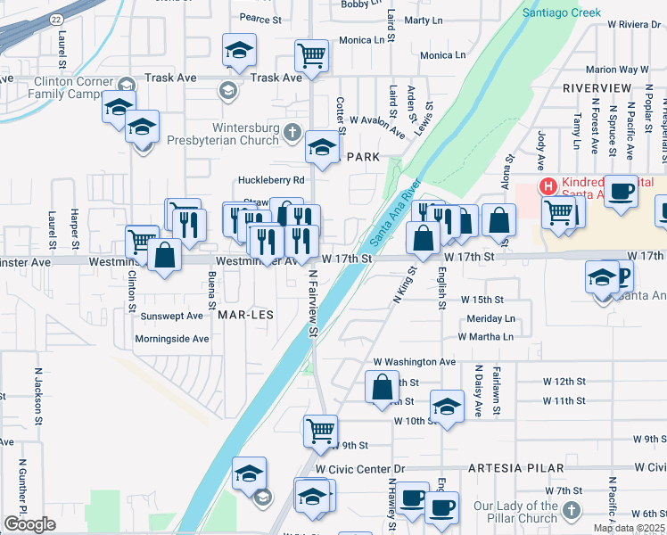 map of restaurants, bars, coffee shops, grocery stores, and more near 2410 West 17th Street in Santa Ana