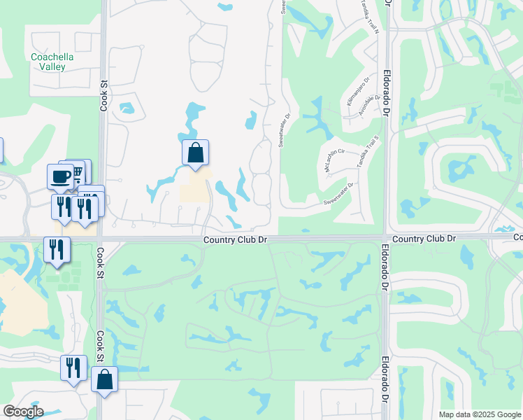 map of restaurants, bars, coffee shops, grocery stores, and more near 131 Desert Falls Circle in Palm Desert