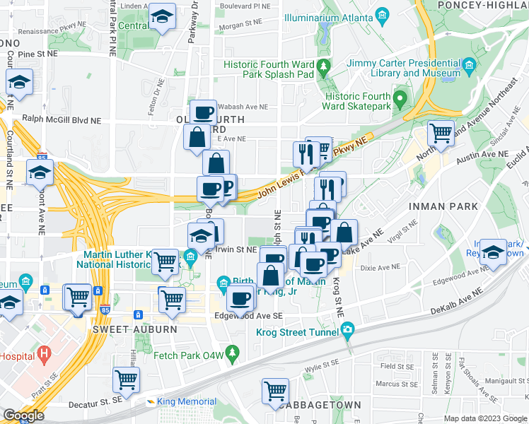 map of restaurants, bars, coffee shops, grocery stores, and more near 568 John Wesley Dobbs Avenue Northeast in Atlanta