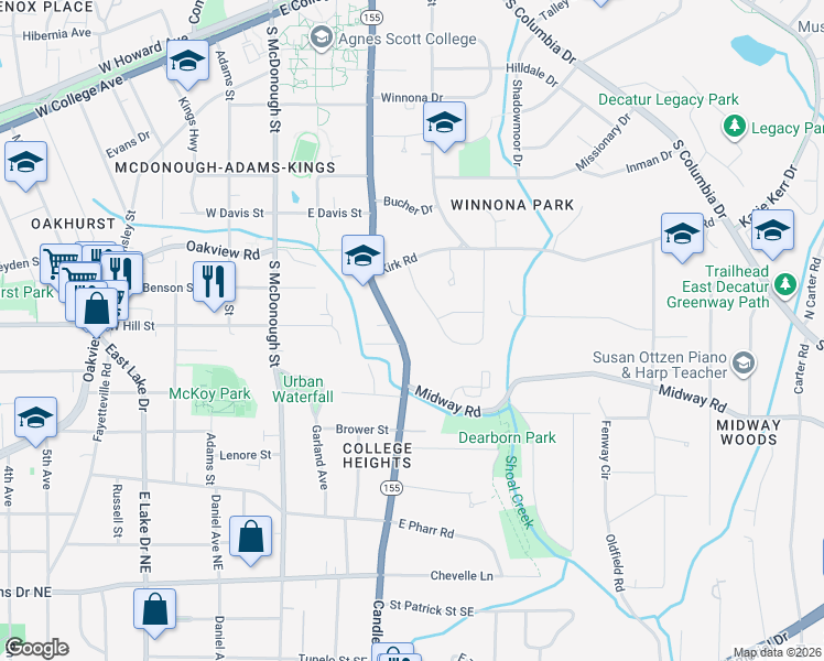 map of restaurants, bars, coffee shops, grocery stores, and more near 828 South Candler Street in Decatur