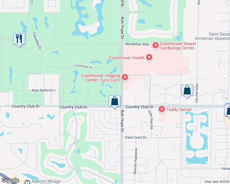 map of restaurants, bars, coffee shops, grocery stores, and more near 40 Colgate Drive in Rancho Mirage