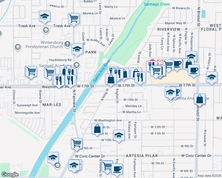 map of restaurants, bars, coffee shops, grocery stores, and more near 1516 English Street in Santa Ana