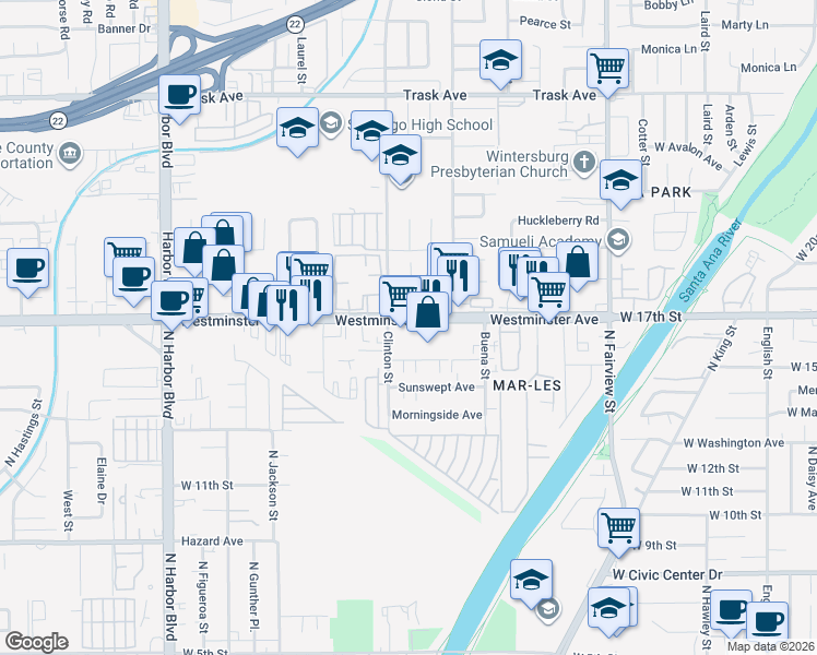 map of restaurants, bars, coffee shops, grocery stores, and more near 12640 Westminster Avenue in Garden Grove