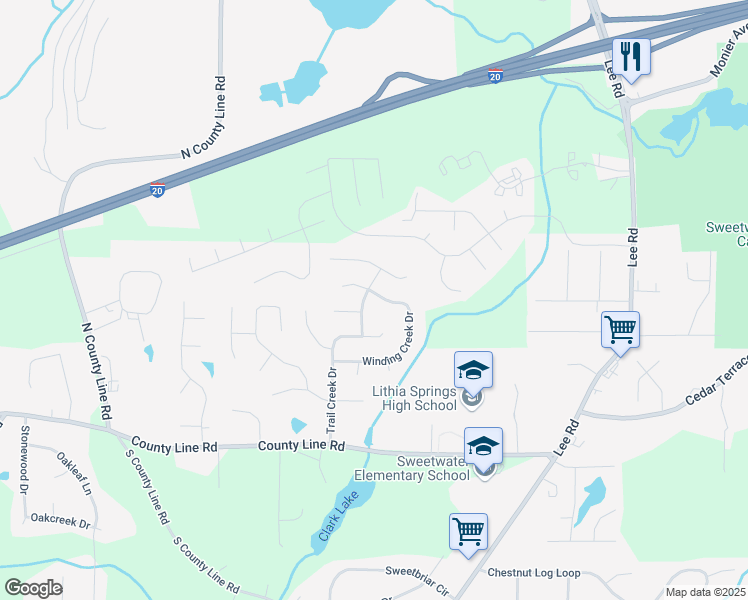 map of restaurants, bars, coffee shops, grocery stores, and more near 2498 Winding Creek Drive in Lithia Springs