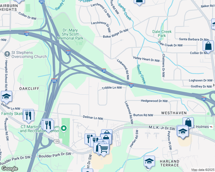 map of restaurants, bars, coffee shops, grocery stores, and more near 3017 Tribble Lane Northwest in Atlanta