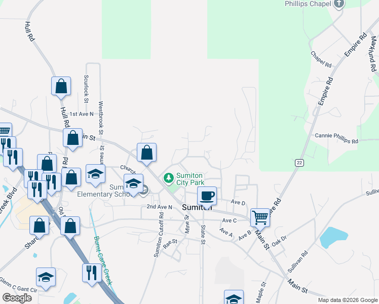 map of restaurants, bars, coffee shops, grocery stores, and more near 206 Gravlee Avenue in Sumiton