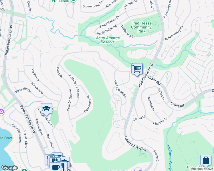 map of restaurants, bars, coffee shops, grocery stores, and more near 30179 Avenue Tranquila in Rancho Palos Verdes