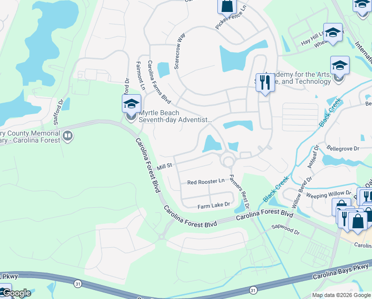 map of restaurants, bars, coffee shops, grocery stores, and more near 2445 Windmill Way in Myrtle Beach