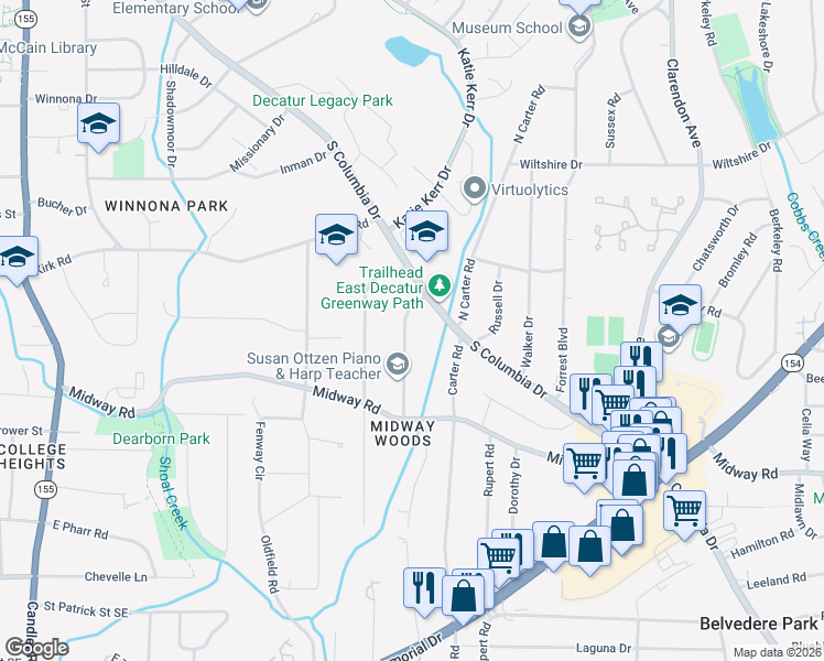 map of restaurants, bars, coffee shops, grocery stores, and more near 1220 Thomas Road in Decatur