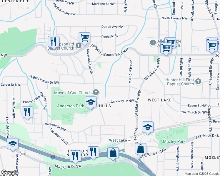 map of restaurants, bars, coffee shops, grocery stores, and more near 1866 Tiger Flowers Drive Northwest in Atlanta