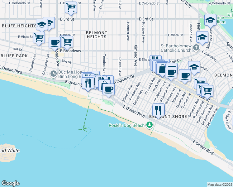 map of restaurants, bars, coffee shops, grocery stores, and more near 28 Roswell Avenue in Long Beach