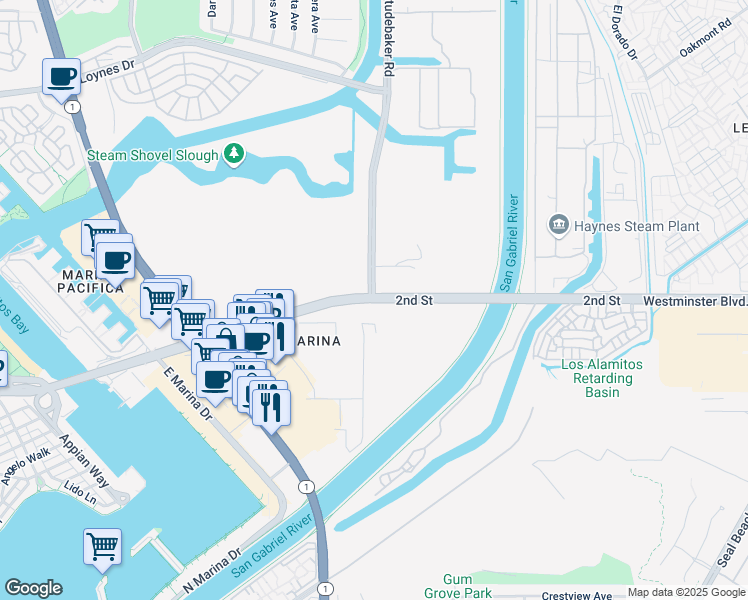 map of restaurants, bars, coffee shops, grocery stores, and more near E 2nd St & N Studebaker Rd in Long Beach