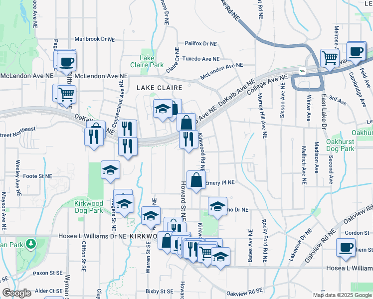 map of restaurants, bars, coffee shops, grocery stores, and more near 229 Howard Street Northeast in Atlanta