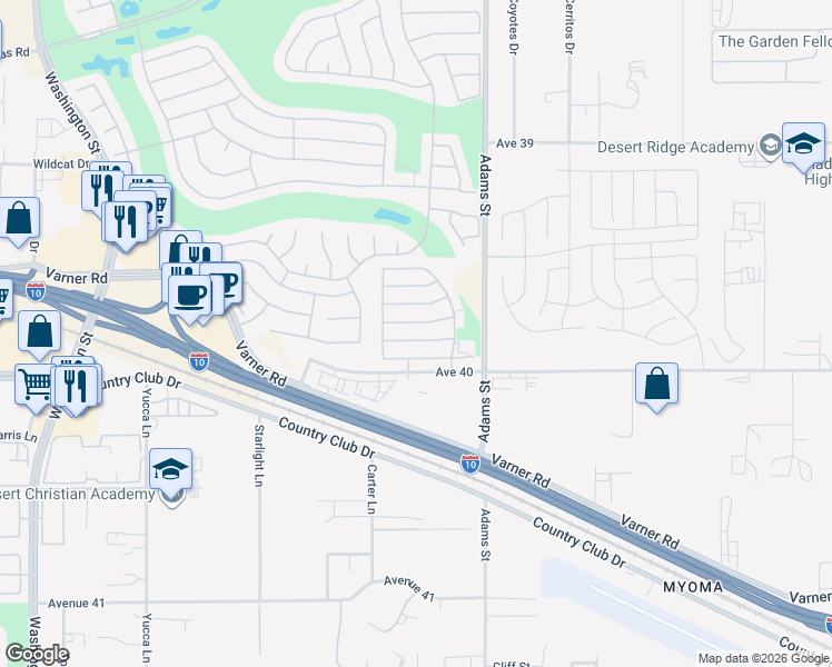 map of restaurants, bars, coffee shops, grocery stores, and more near 78918 Adesso Way in Palm Desert