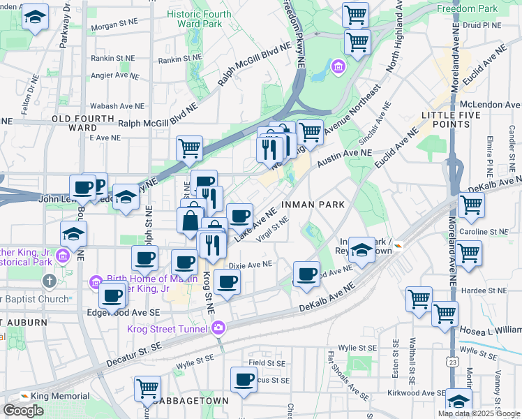 map of restaurants, bars, coffee shops, grocery stores, and more near 839 Inman Village Parkway Northeast in Atlanta