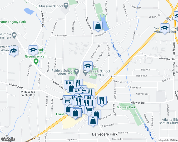 map of restaurants, bars, coffee shops, grocery stores, and more near Unnamed Road in Decatur