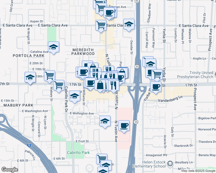map of restaurants, bars, coffee shops, grocery stores, and more near 2222 17th Street in Santa Ana
