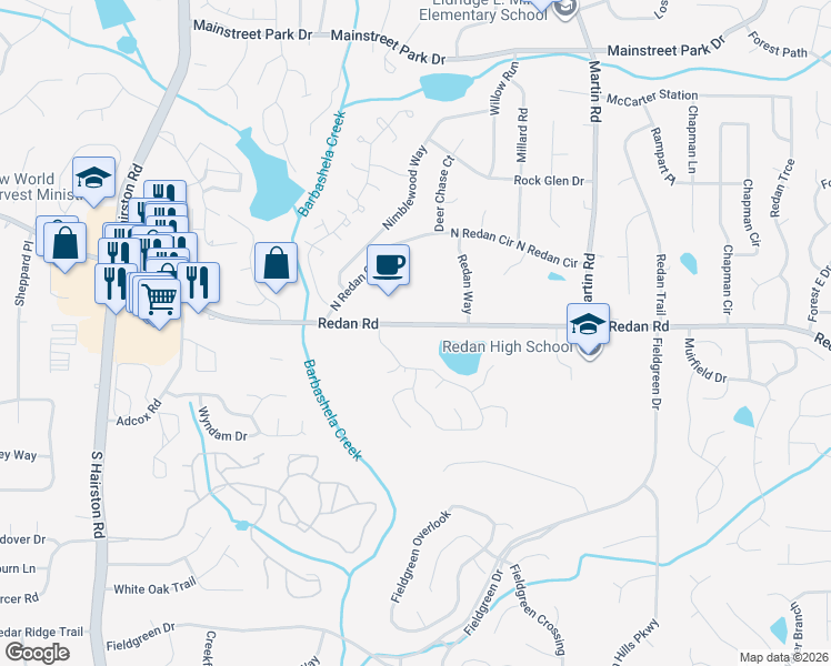 map of restaurants, bars, coffee shops, grocery stores, and more near 1232 Mill Lake Circle in Stone Mountain