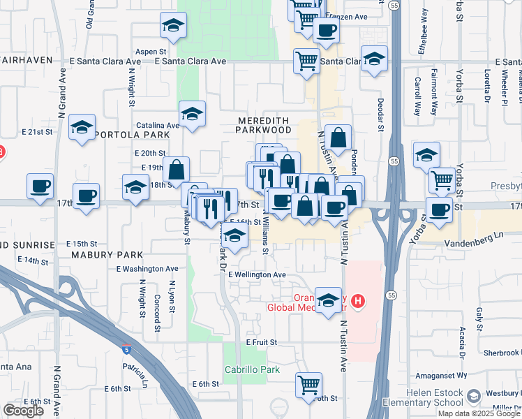 map of restaurants, bars, coffee shops, grocery stores, and more near 1920 East 16th Street in Santa Ana