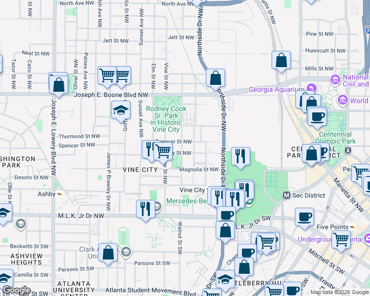 map of restaurants, bars, coffee shops, grocery stores, and more near 575 Foundry Street Northwest in Atlanta