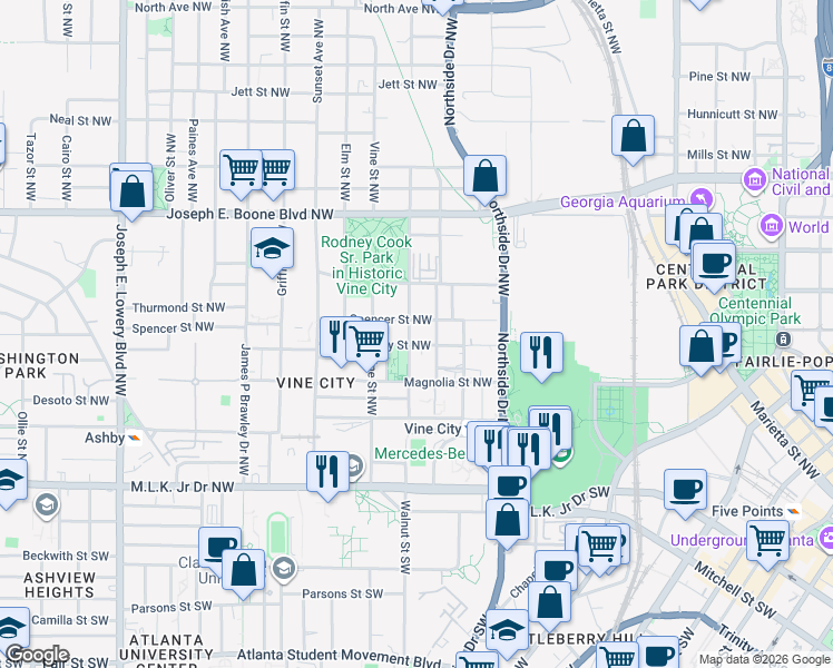 map of restaurants, bars, coffee shops, grocery stores, and more near 575 Foundry Street Northwest in Atlanta
