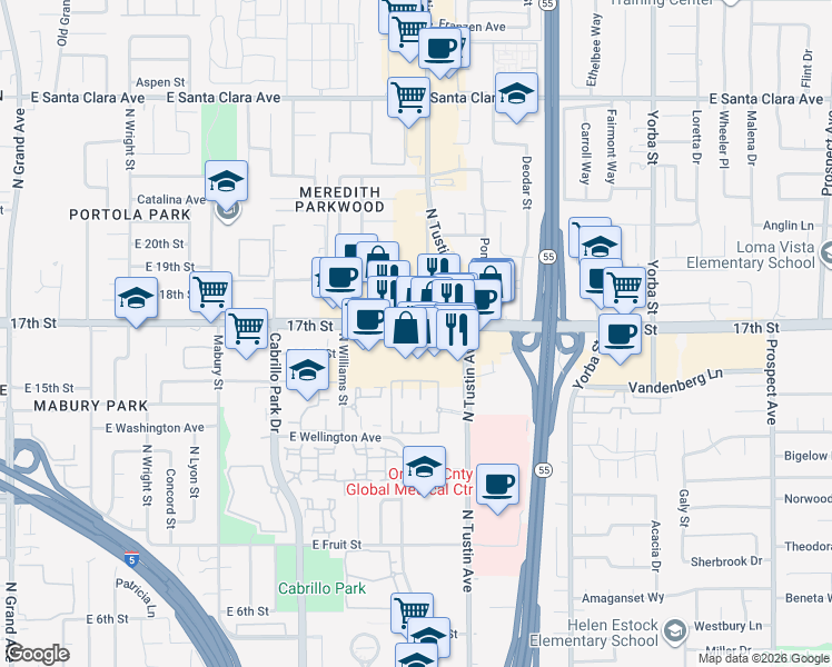 map of restaurants, bars, coffee shops, grocery stores, and more near 2130A 17th Street in Santa Ana