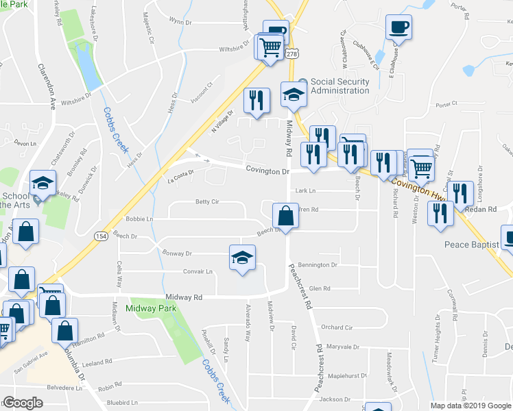 map of restaurants, bars, coffee shops, grocery stores, and more near 1259 Crescentwood Lane in Decatur