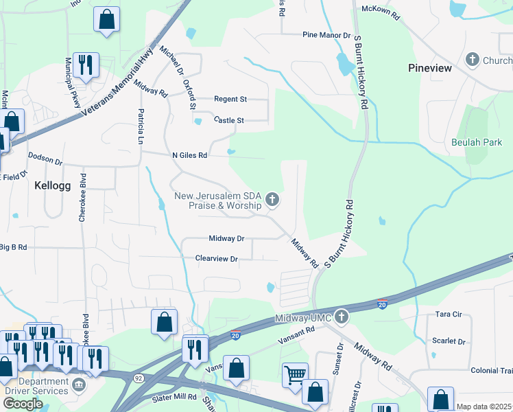 map of restaurants, bars, coffee shops, grocery stores, and more near 4202 Midway Road in Douglasville