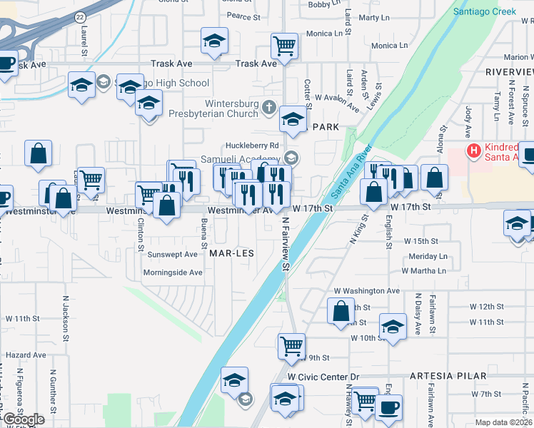 map of restaurants, bars, coffee shops, grocery stores, and more near 2530 Westminster Avenue in Santa Ana