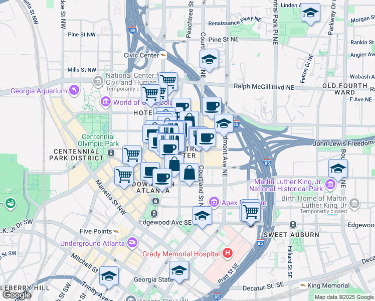 map of restaurants, bars, coffee shops, grocery stores, and more near 161 Peachtree Center Avenue Northeast in Atlanta