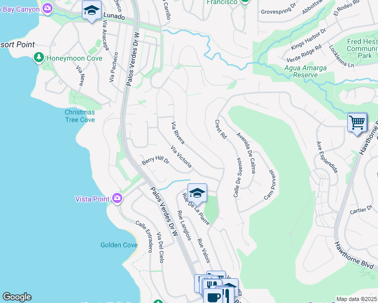 map of restaurants, bars, coffee shops, grocery stores, and more near 30211 Vía Rivera in Rancho Palos Verdes