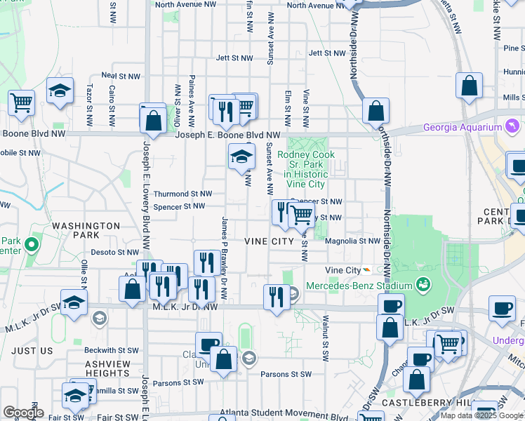 map of restaurants, bars, coffee shops, grocery stores, and more near 186 Sunset Avenue Northwest in Atlanta