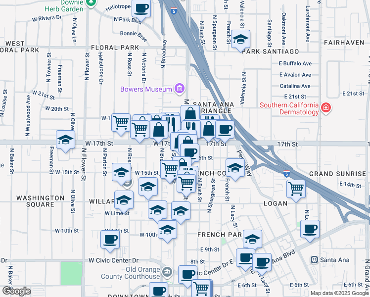 map of restaurants, bars, coffee shops, grocery stores, and more near 1601 North Main Street in Santa Ana